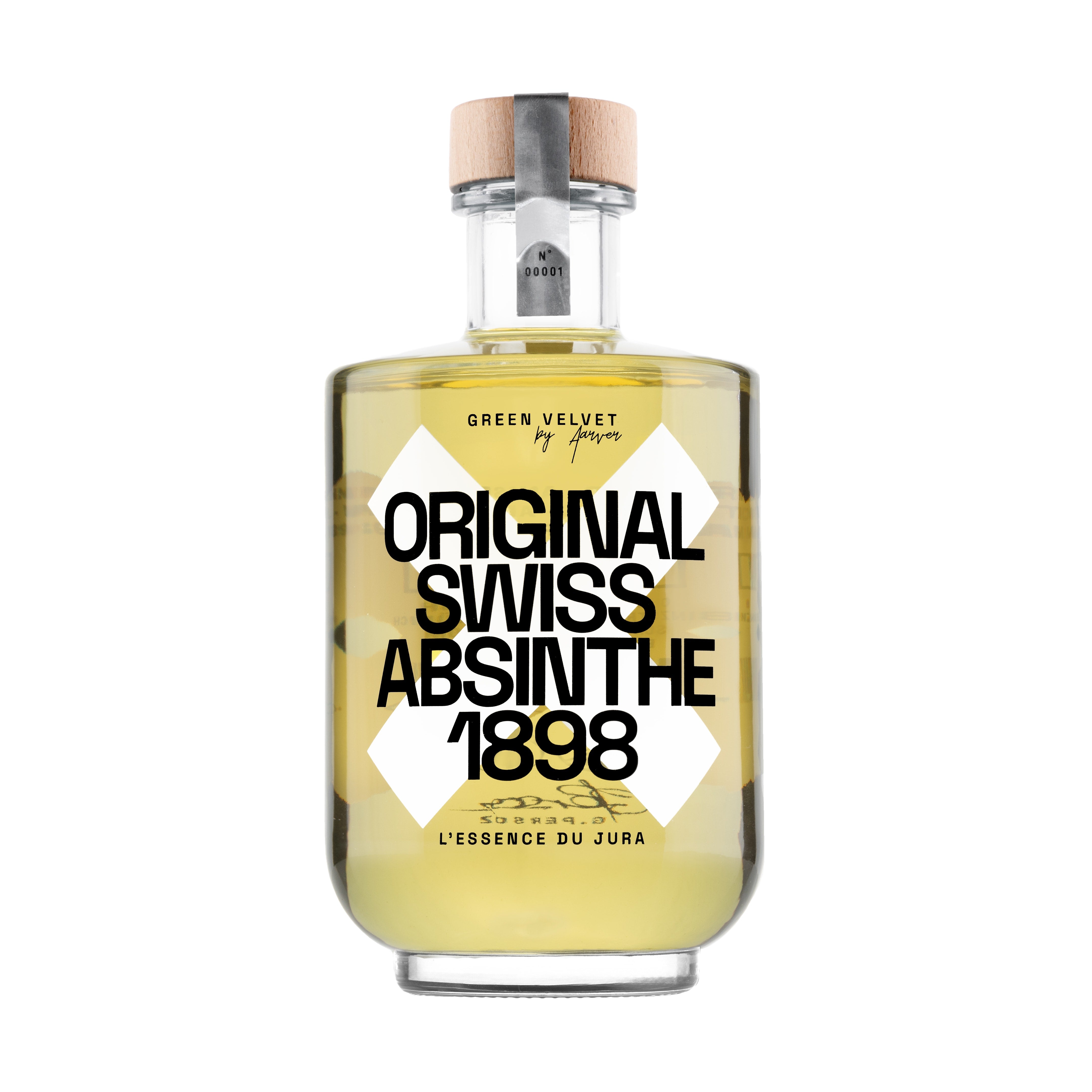 Green Velvet Original Swiss Absinthe 1898 – klassische Glasflasche mit Holzverschluss, goldgrüner Absinthe aus dem Schweizer Jura, etikettiert mit modernem schwarzem Schriftzug.