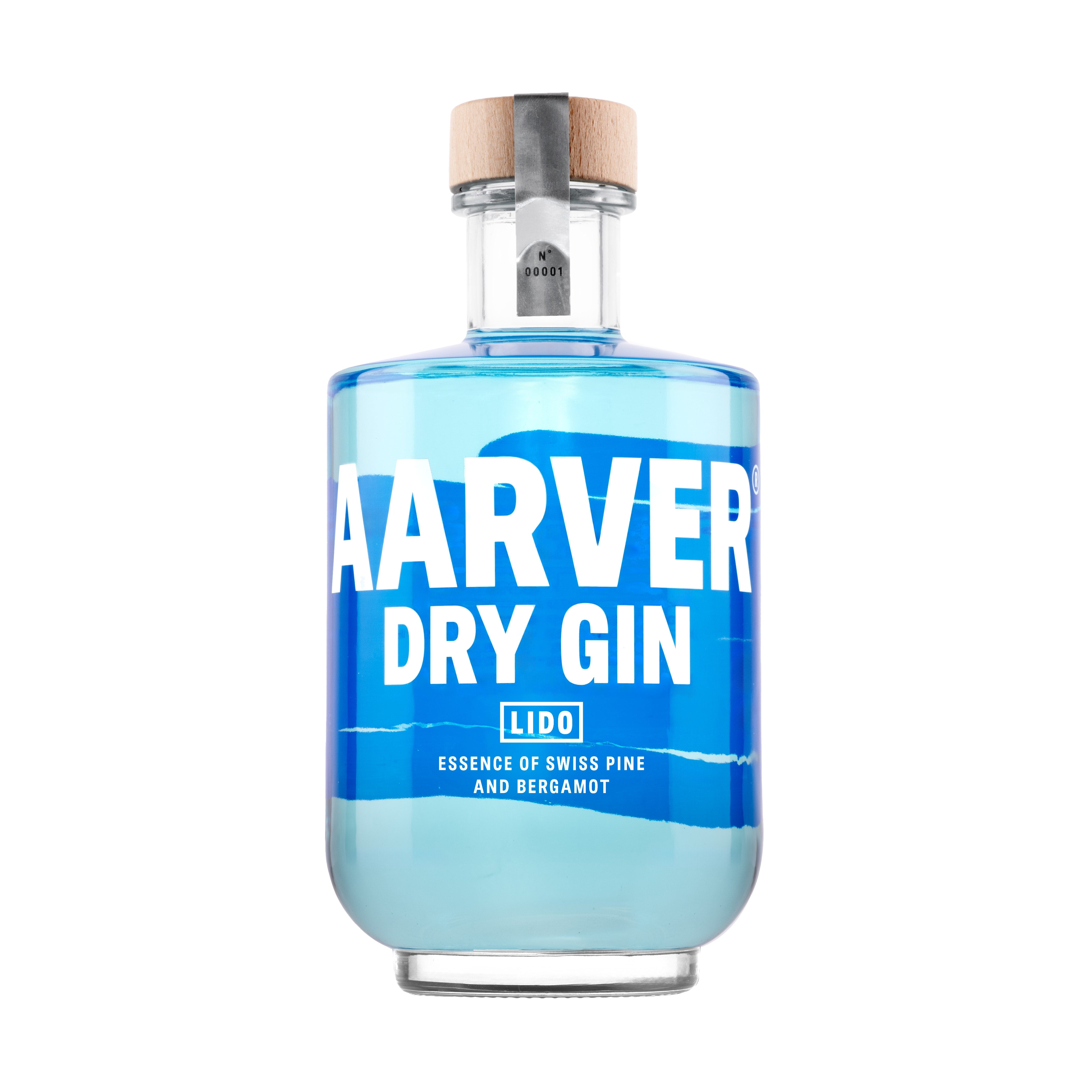 Aarver Lido – blauer Sommergin mit Zitrusnoten, Maggiapfeffer und Arvenholz in stilvoller Glasflasche mit Naturholzdeckel